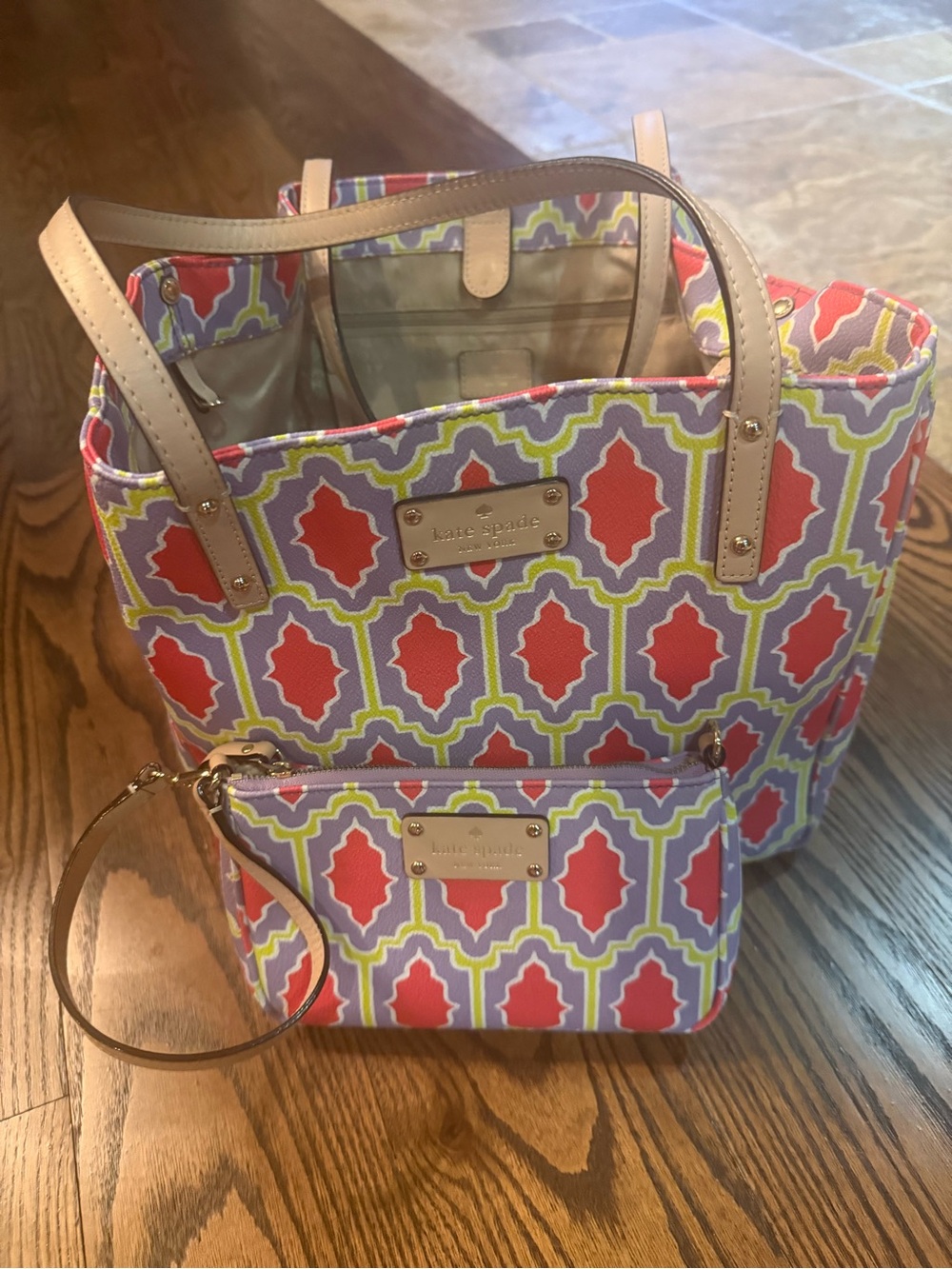 kate spade Multicolor Geometric Tote with Wristlet - Red, Purple, Green, Tan